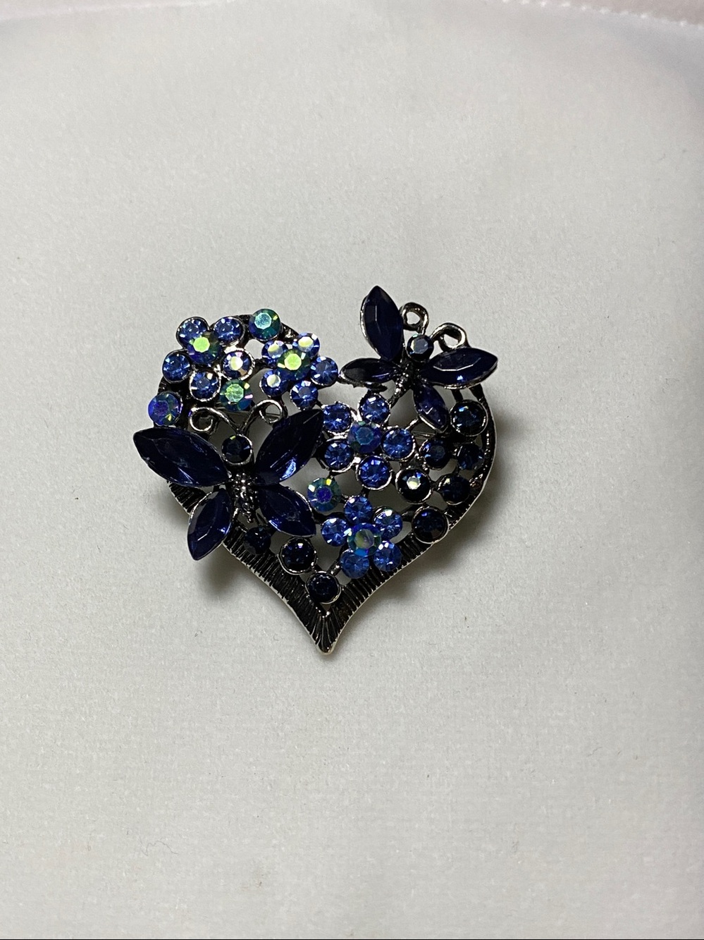 Butterfly Blue Sapphire Aurora Borealis Flowers Heart Brooch Gift Love Fall